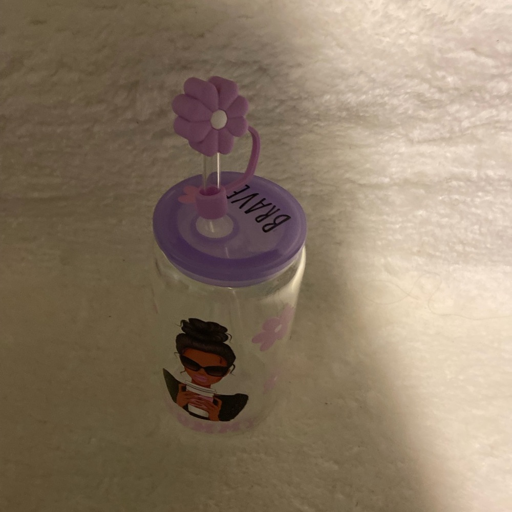Custom made glass cup with straw and topper